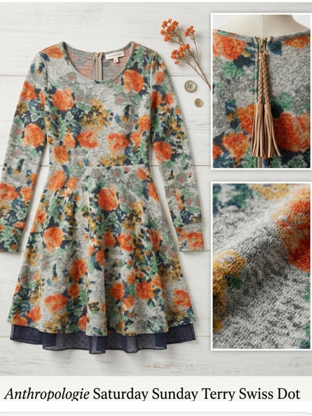 Anthropologie Saturday Sunday Terry Swiss Dot L/S Dress Sz S Flower Core